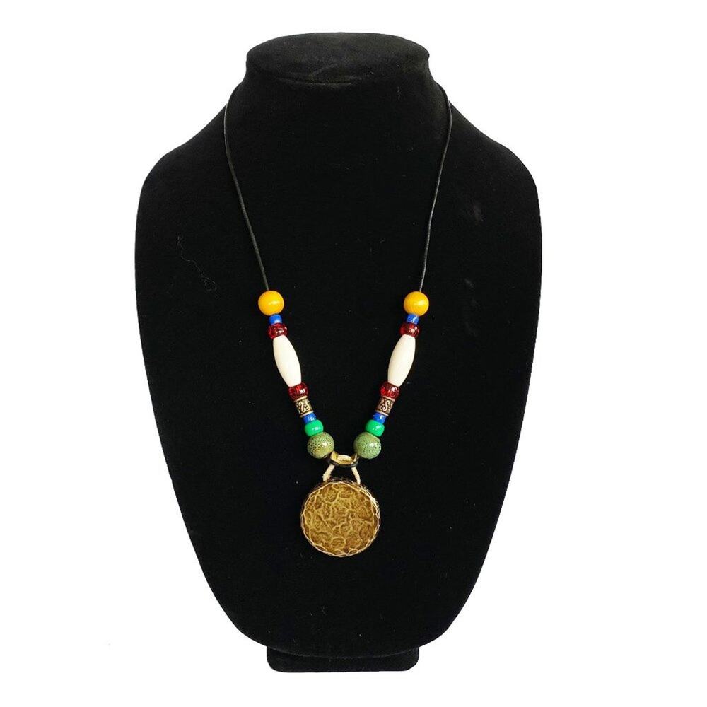 New Handmade Indigenous 23 Inches Ethnic Beads Brass Gong Black Leather Necklace